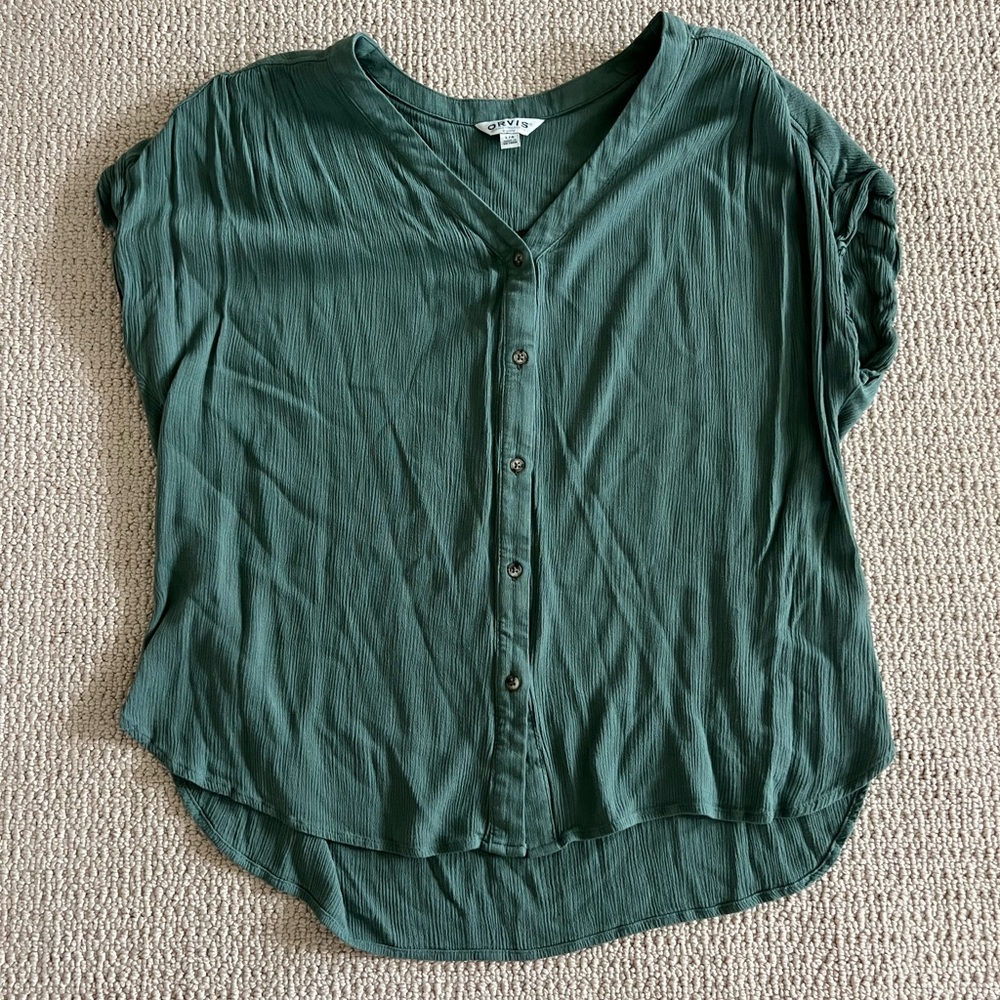 Orvis Forest Green Button-Front V-Neck Blouse